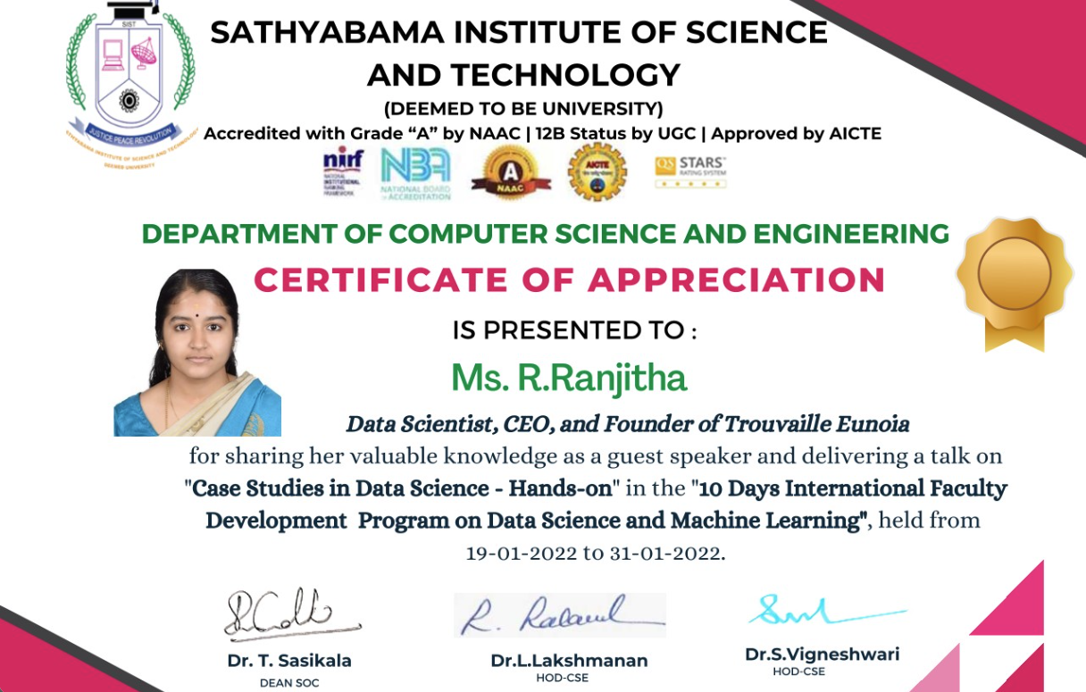 Faculty Development Programme (FDP)  2022 - Satyabhama University 2022 - Appreciation