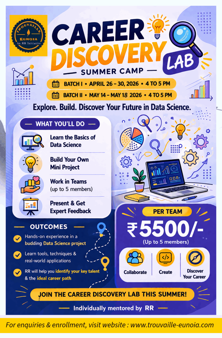 Career Discovery Lab is a hands-on summer camp designed to help students explore data science through real mini-projects, teamwork, and guided learning. With personalized mentorship by RR, participants will identify their key strengths and discover the right career path—all while building practical, future-ready skills.